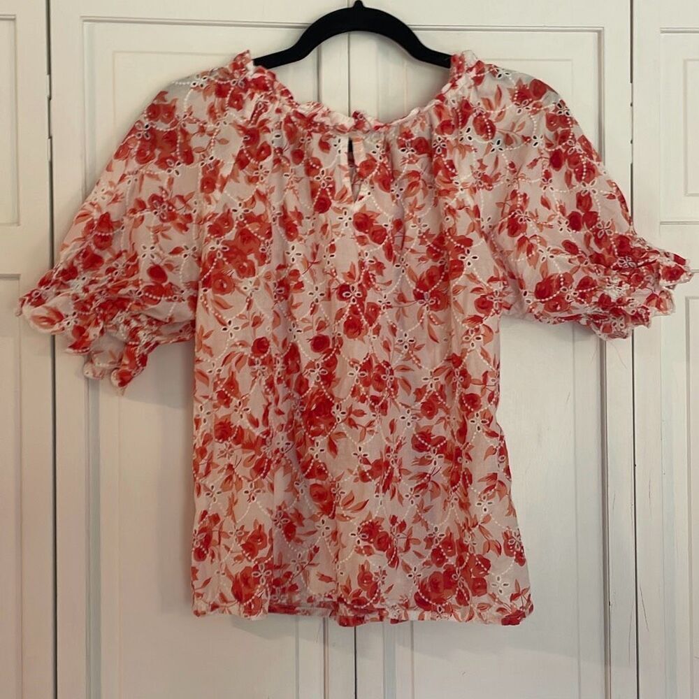 Jennifer & Grace orange floral eyelet puff sleeve top small - Picture 6 of 9
